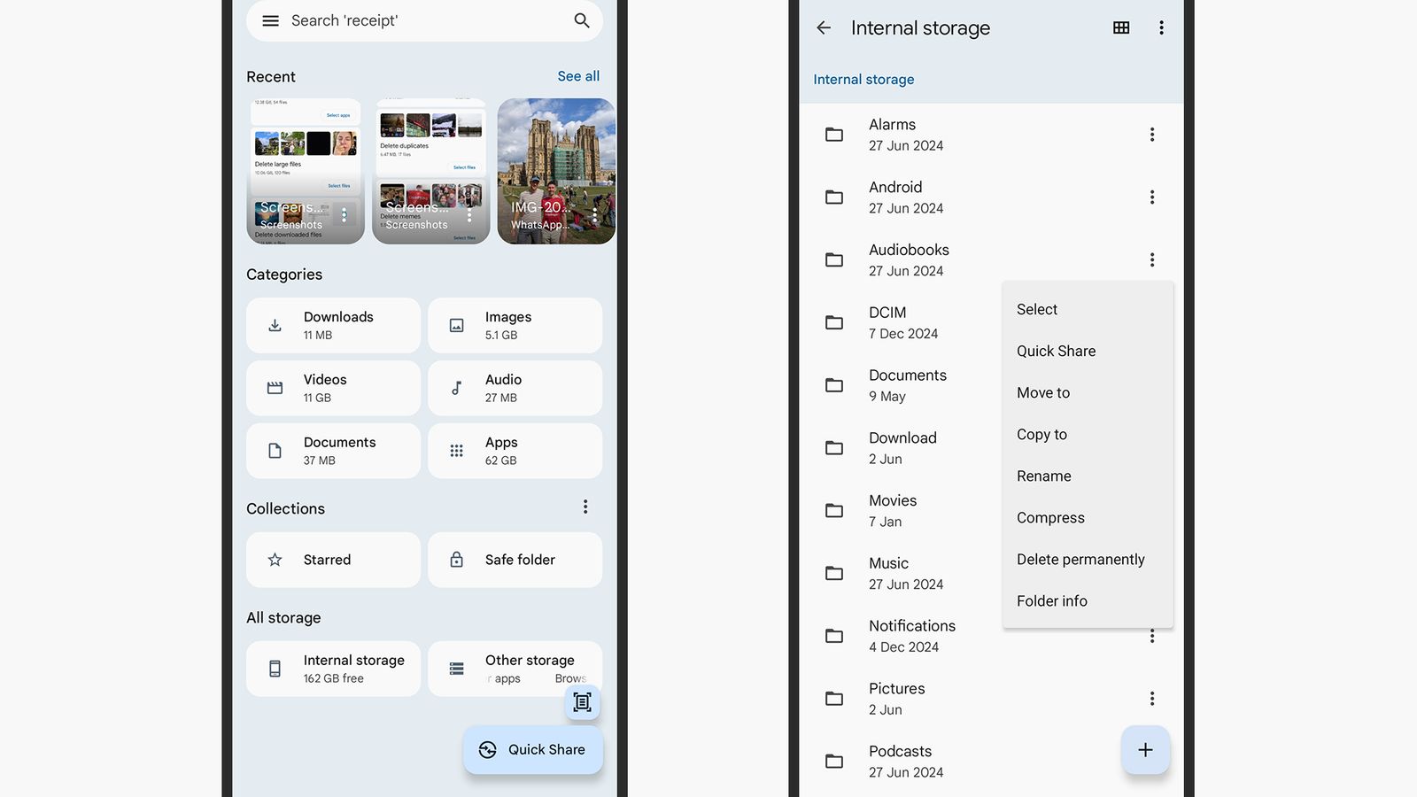 The Files app on Android lets you explore folders in several ways.