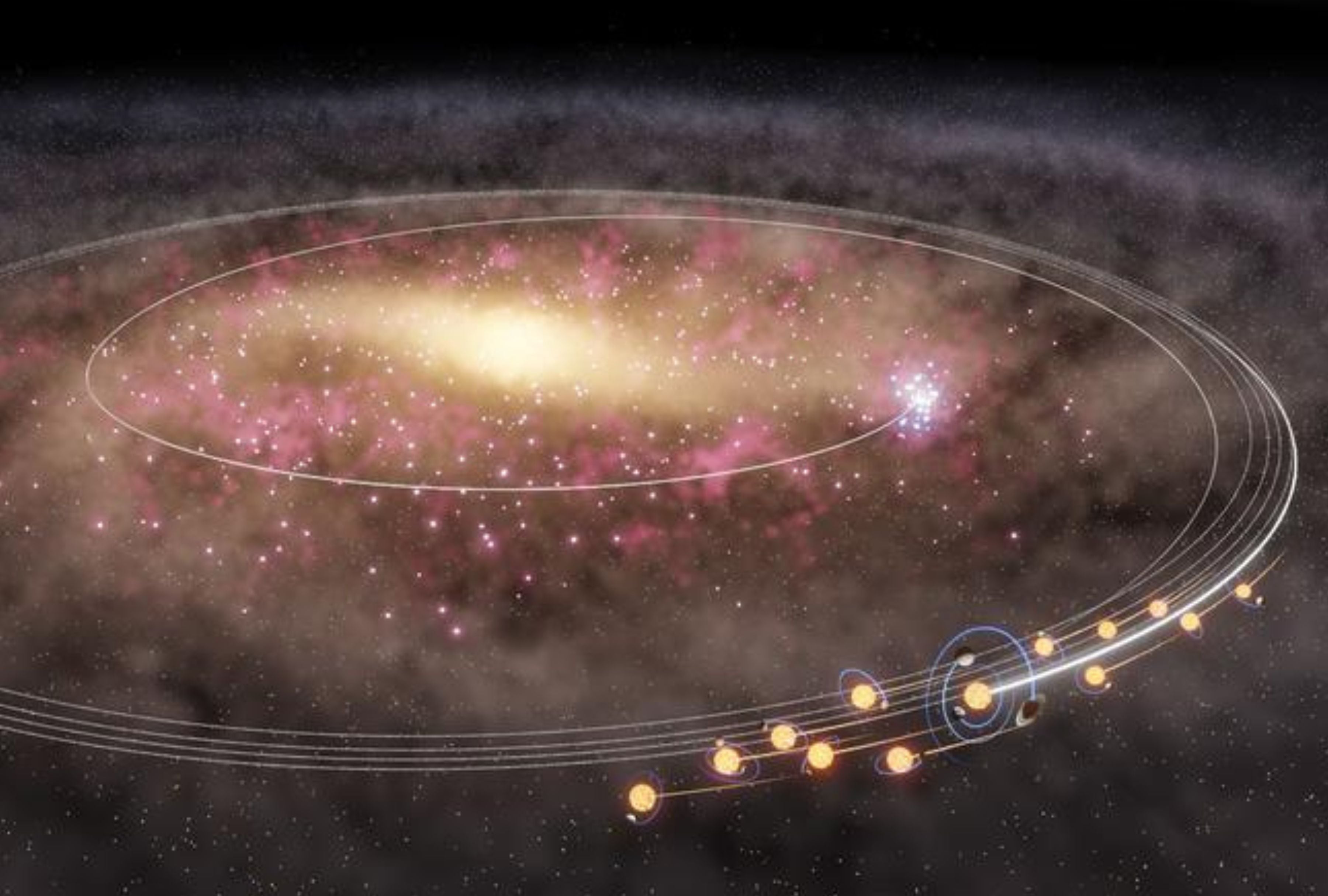 The massive migration of twin stars. Stars similar to our Sun form a mass migration from the center of the Milky Way that occurred between approximately 4,000 and 6,000 million years ago. (Photo: Image generated by El Comercio MAG with Copilot AI)