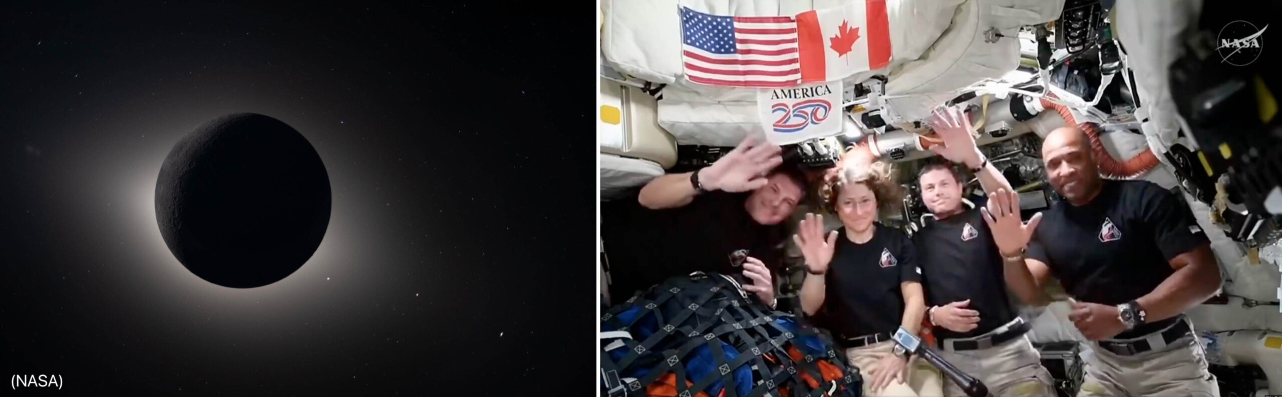 Left: Photo of the solar eclipse (NASA) Right: Four astronauts inside the spacecraft (NASA) Left: Photo of the solar eclipse (NASA) Right: Four astronauts inside the spacecraft (NASA)